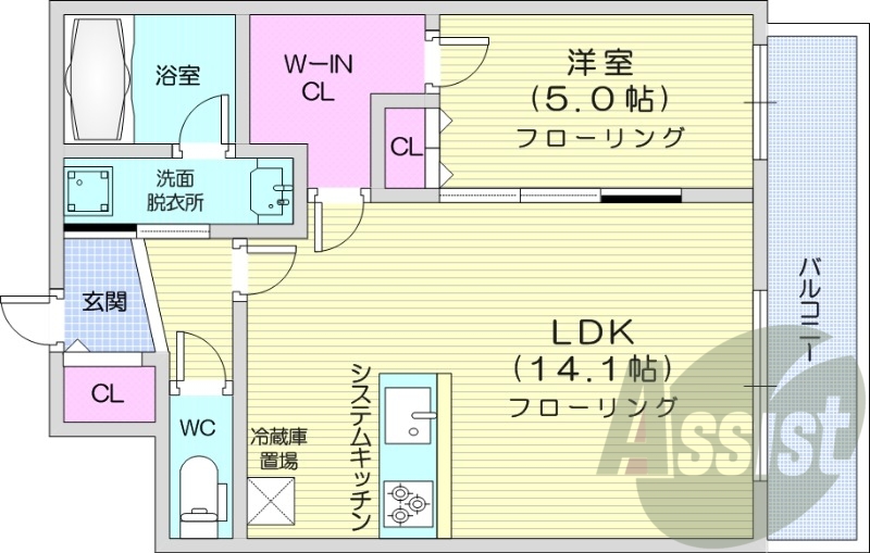 1LDK、都市ガス、追い焚き、エアコン、システムキッチン