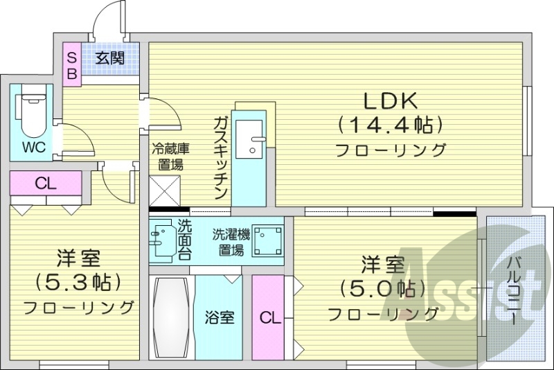 2LDK、エアコン、独立洗面台、シャワートイレ、灯油暖房