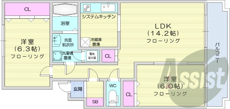 2LDK、システムキッチン、エアコン、トランクルーム