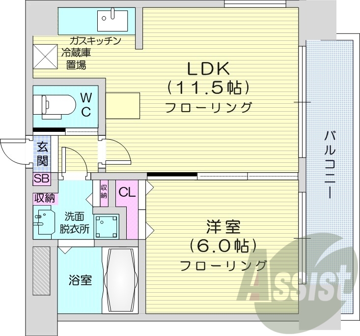 1LDK、バルコニー、クローゼット、都市ガス、ガス暖房