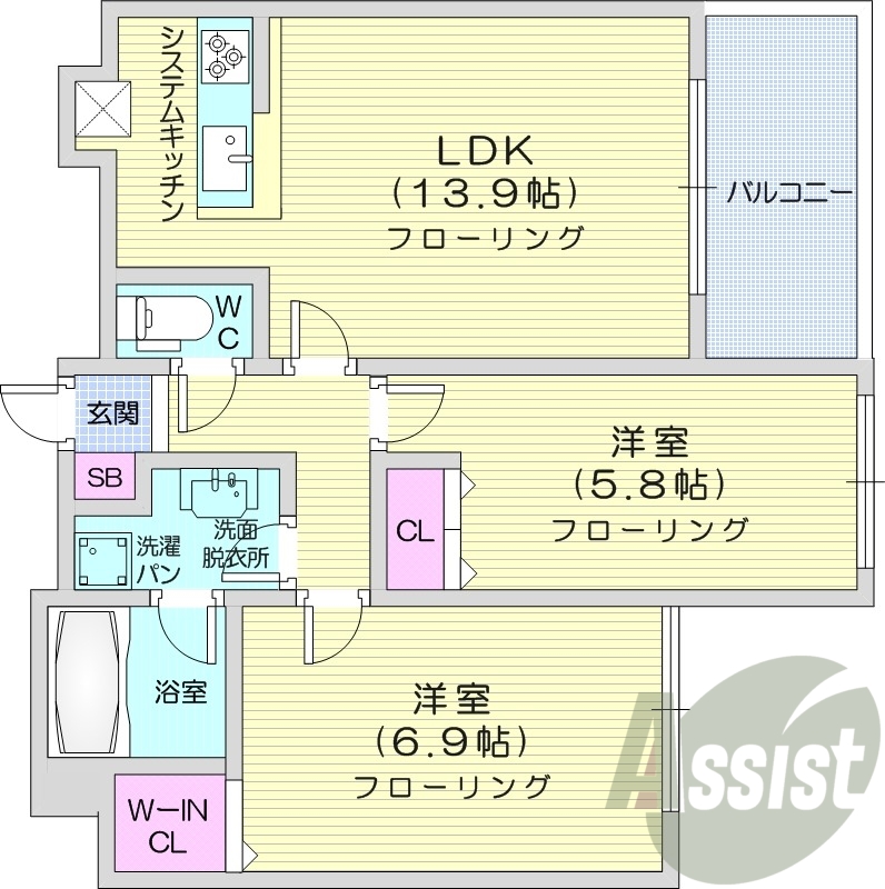 2LDK、クローゼット、システムキッチン、ウォシュレット
