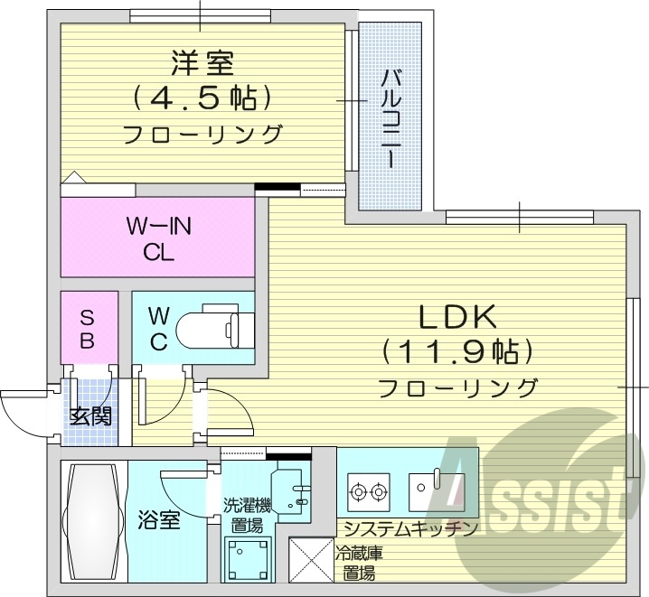 1LDK、都市ガス、エアコン、追い焚き、システムキッチン