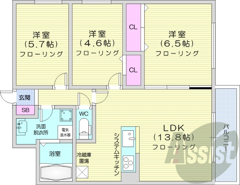 3LDK、オール電化、エアコン、システムキッチン