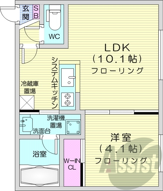 1LDK、都市ガス、オートロック、システムキッチン