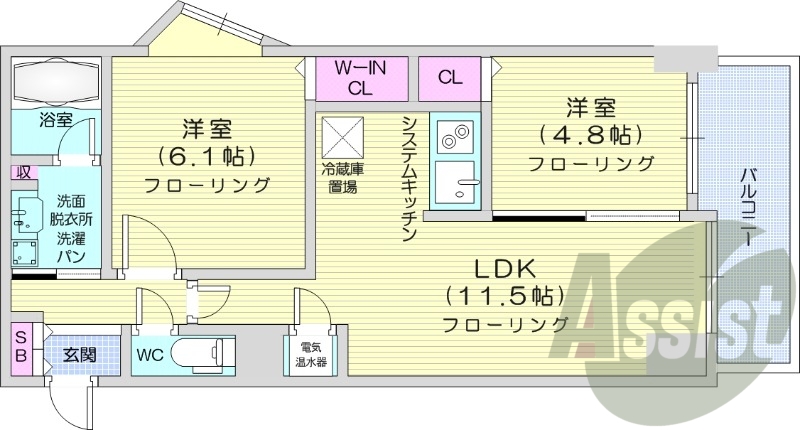 2LDK、オール電化、独立洗面台、ウォークインクローゼット