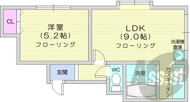 1LDK、灯油暖房、エアコン、バストイレ別