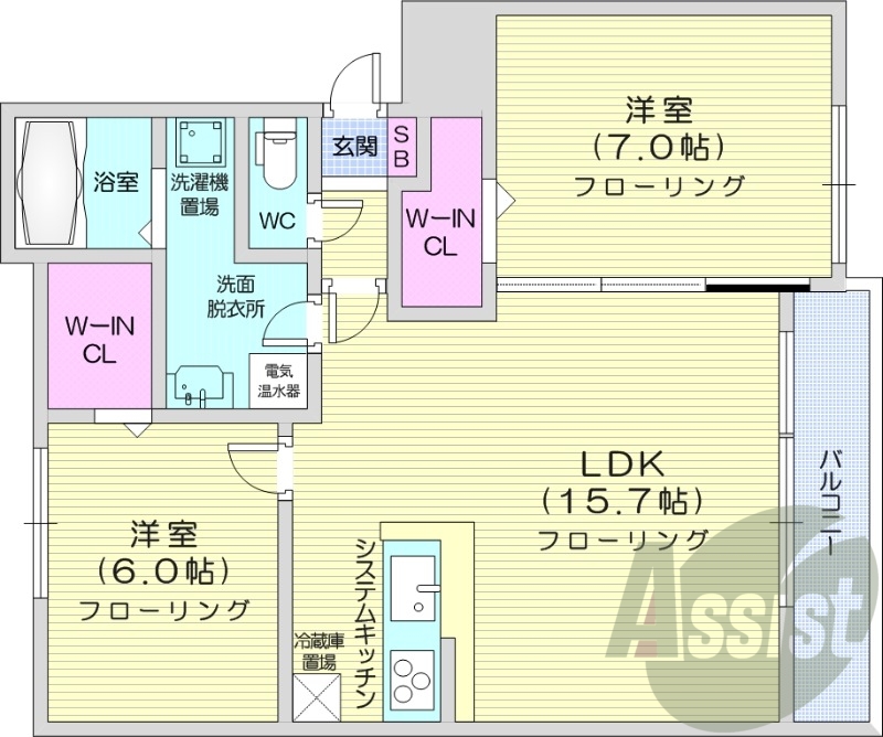 2LDK、対面システムキッチン、ウォークインクローゼット