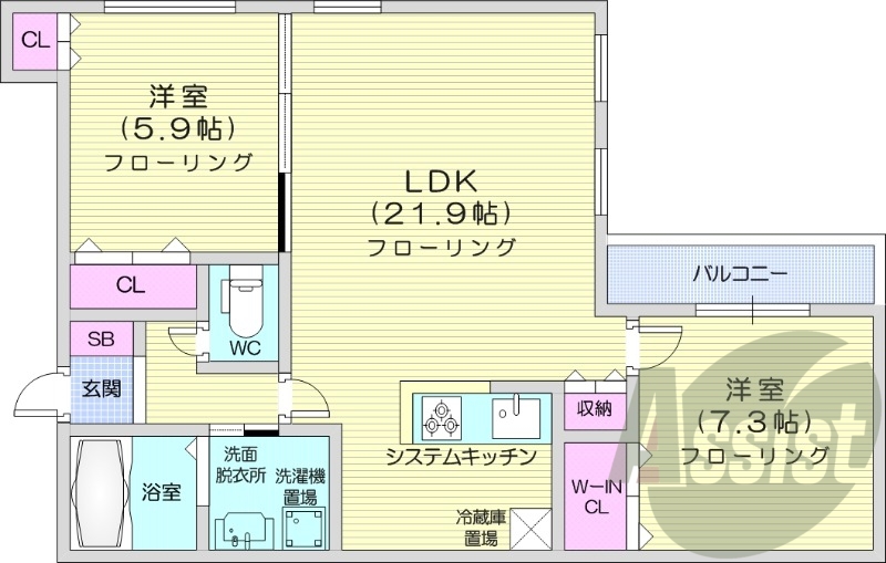 2LDK、エアコン、システムキッチン、追い焚き、浴室乾燥機
