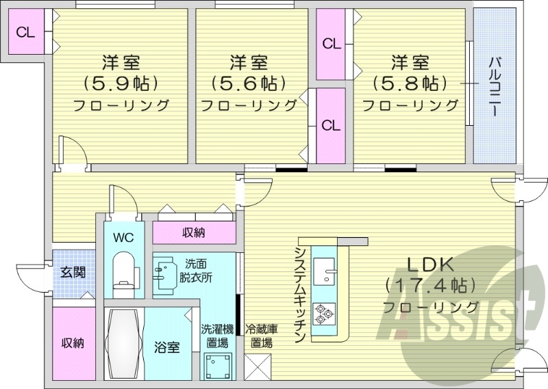 3LDK、エアコン、システムキッチン、追い焚き、浴室乾燥機