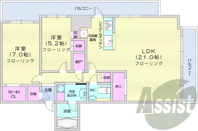 2LDK、エアコン、都市ガス、浴室乾燥機
