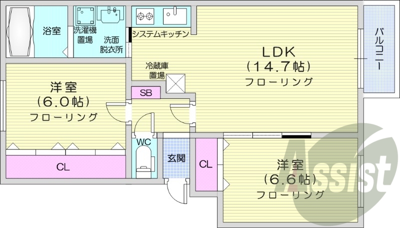 2LDK、システムキッチン、エアコン、ペット相談可