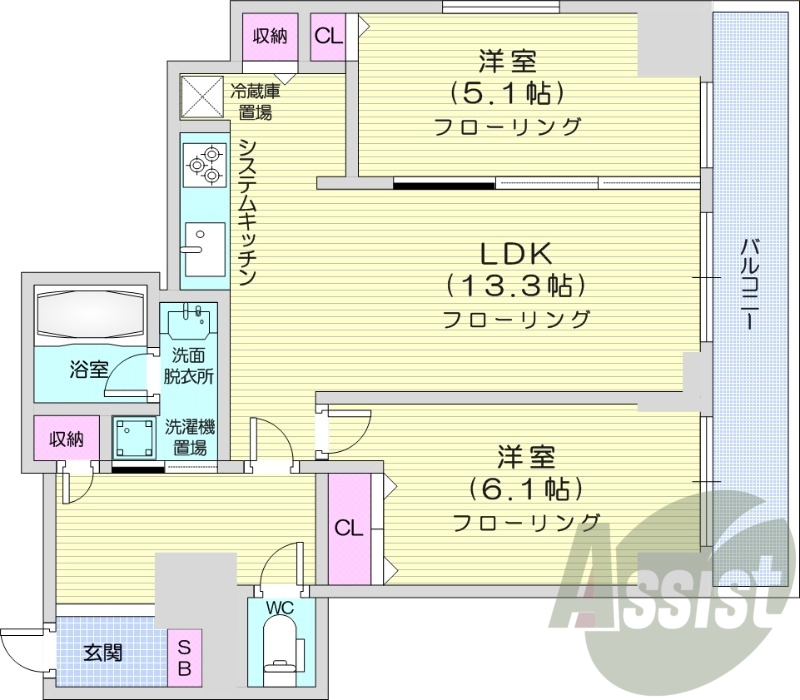 2LDK、オートロック、都市ガス、システムキッチン