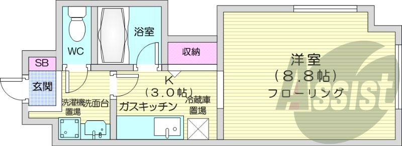 1K、都市ガス、オートロック、バストイレ別、ネット使用料無料