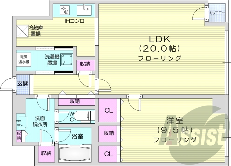 1LDK、オール電化、オートロック、システムキッチン