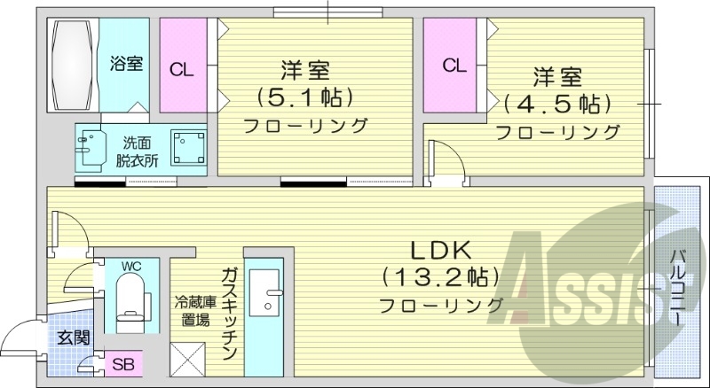 2LDK、角部屋、エアコン、ネット無料、独立洗面台