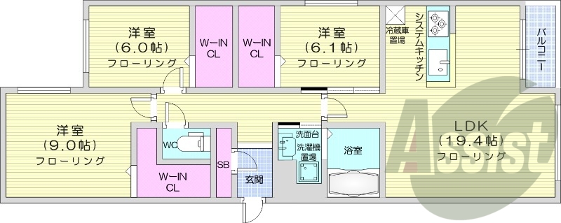 3LDK、都市ガス、エアコン、独立洗面台、追い焚き、