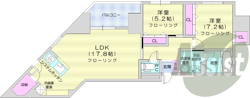 2LDK、都市ガス、追い焚き、エアコン、システムキッチン