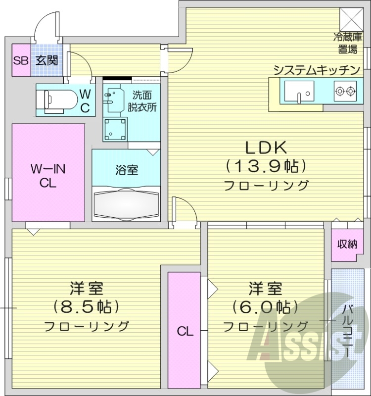 2LDK、バルコニー、システムキッチン、灯油段暖房