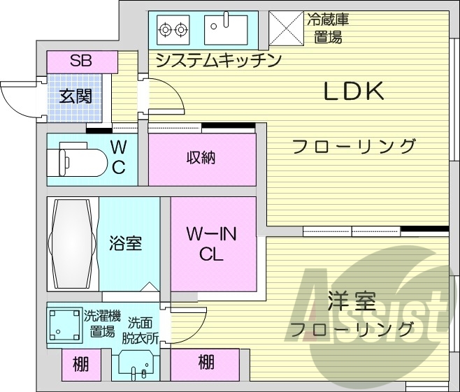 1LDK、エアコン、システムキッチン、ネット無料