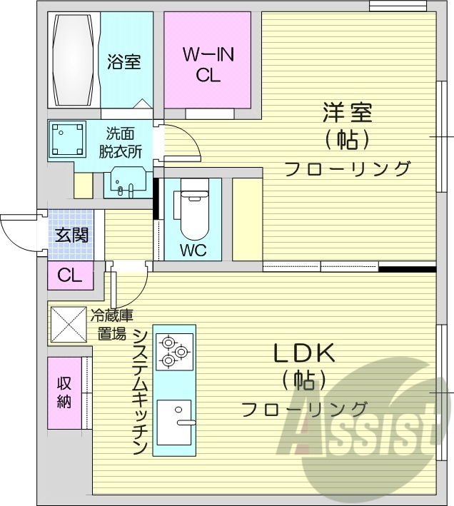 1LDK、エアコン、システムキッチン、ネット無料