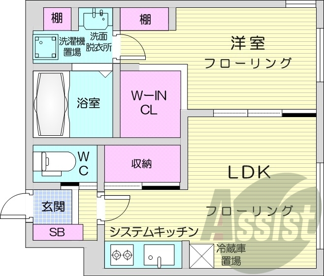 1LDK、エアコン、システムキッチン、ネット無料