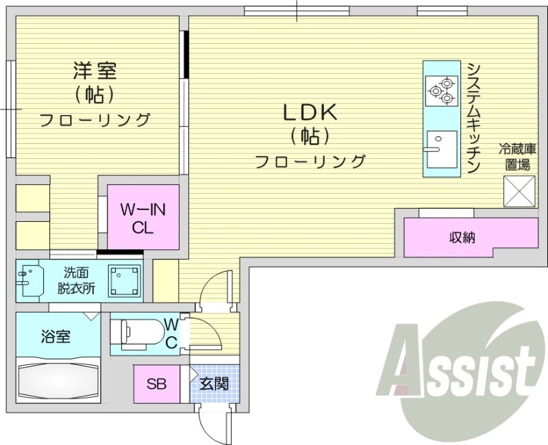 1LDK、エアコン、システムキッチン、ネット無料