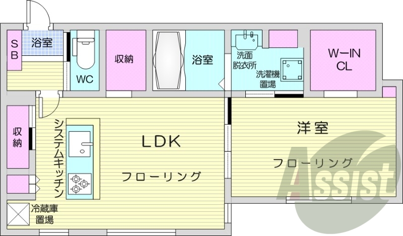 1LDK、エアコン、システムキッチン、ネット無料