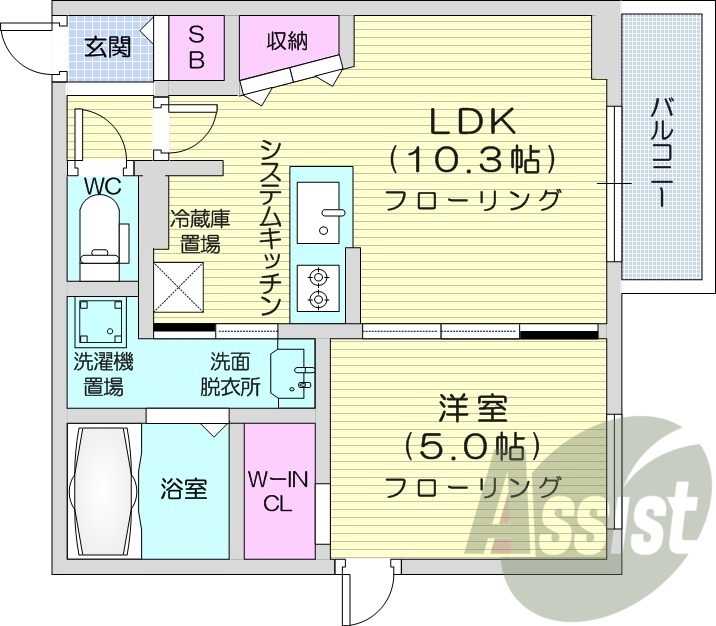 1LDK、都市ガス、エアコン、ネット無料、システムキッチン