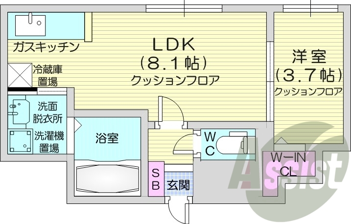 1LDK、ウォークインクローゼット、都市ガス物件、ネット無料