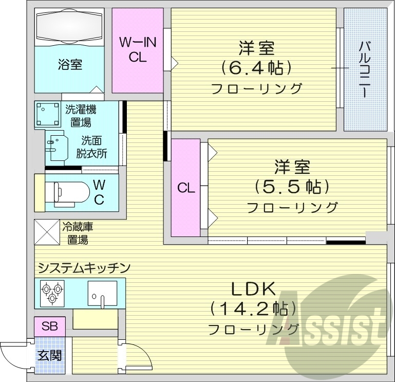 2LDK、エアコン、独立洗面台、システムキッチン、