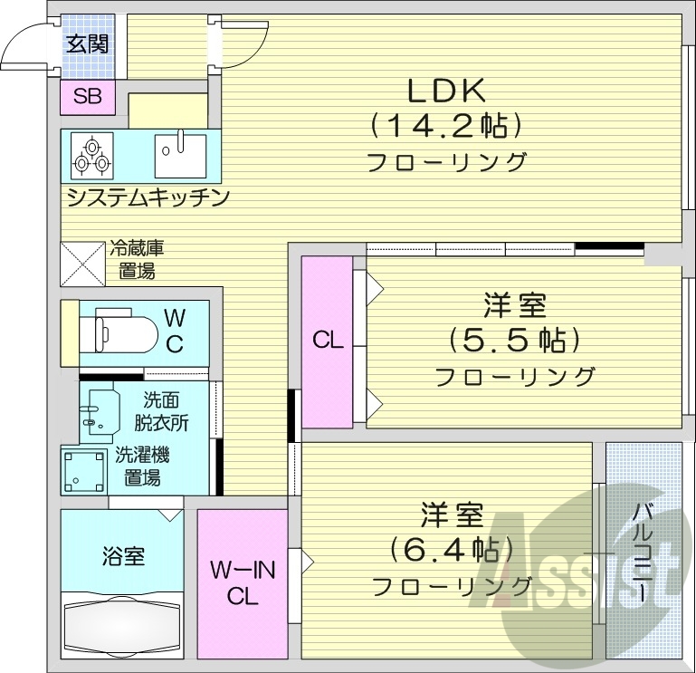 2LDK、都市ガス、エアコン、独立洗面台、システムキッチン