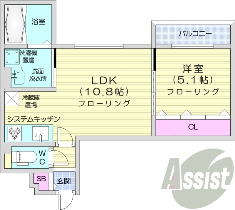 1LDK、都市ガス、エアコン、独立洗面台、システムキッチン