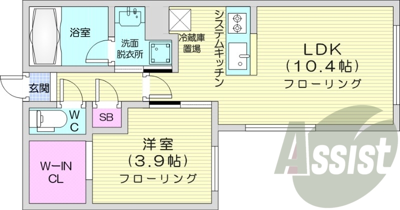 1LDK、エアコン、システムキッチン、ネット無料
