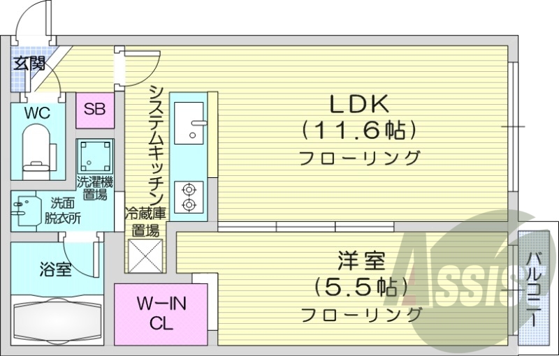 1LDK、独立洗面台、システムキッチン、エアコン