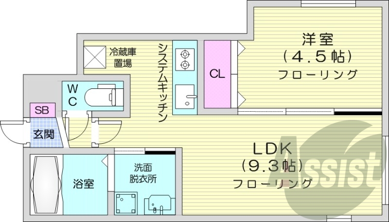 1LDK、都市ガス、エアコン、浴室乾燥機、システムキッチン