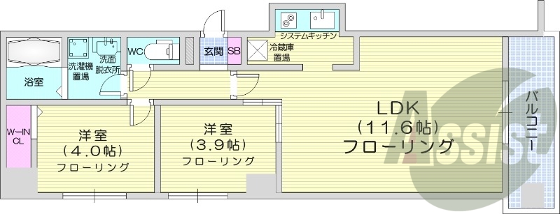 2LDK、ウォークインクローゼット、洗面脱衣所