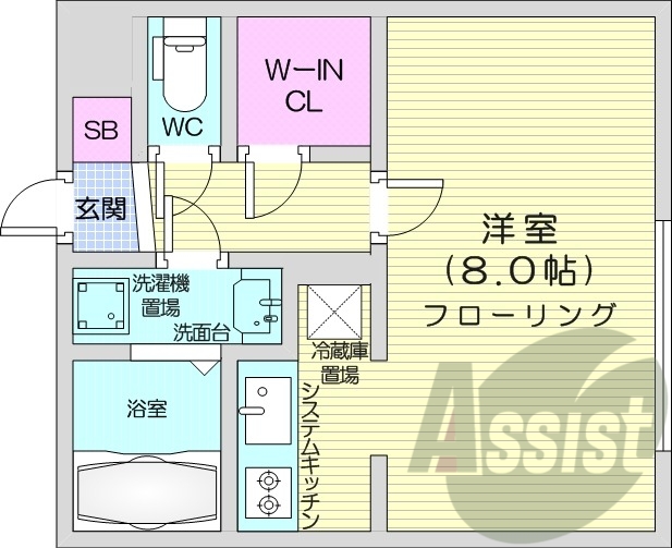 1K、エアコン、独立洗面台、システムキッチン、ネット無料