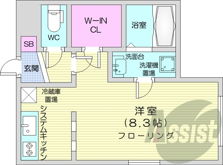1K、エアコン、独立洗面台、システムキッチン、ネット無料
