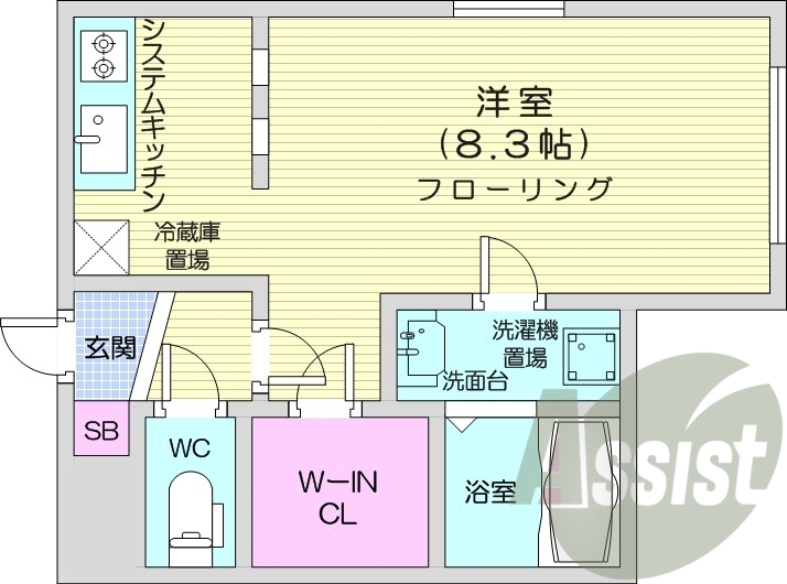 1K、エアコン、独立洗面台、システムキッチン、ネット無料
