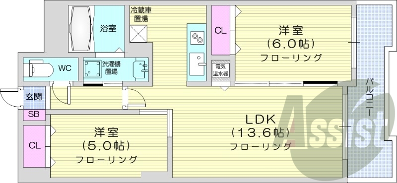 2LDK、追炊き、宅配ボックス、トランクルーム、