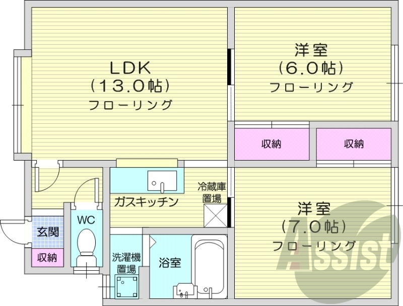 2LDK、角部屋、最上階、灯油暖房、トランクルーム
