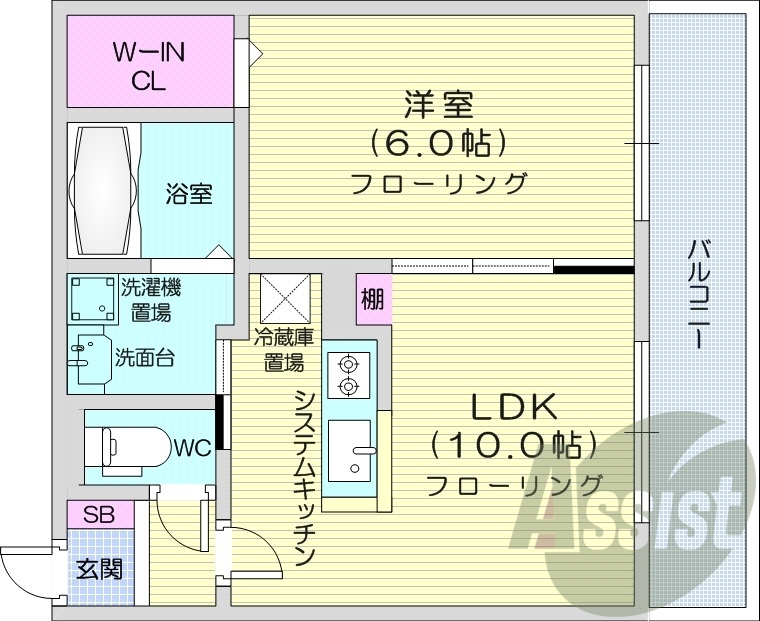 1LDK、エアコン、浴室乾燥機、床暖房、追い焚き、独立洗面台