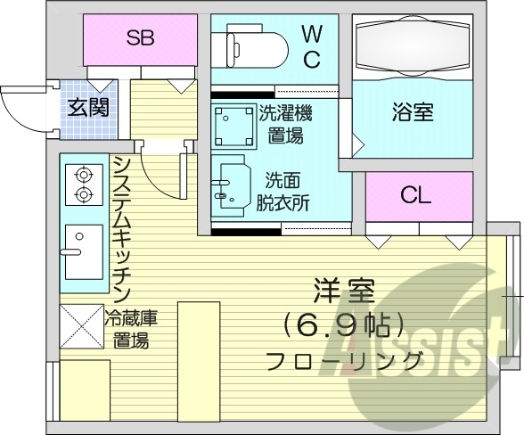 1K、エアコン、システムキッチン、オートロック、エレベーター
