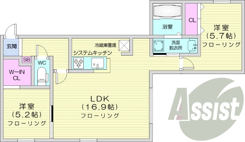 2LDK、エアコン、追い焚き、浴室乾燥機、システムキッチン