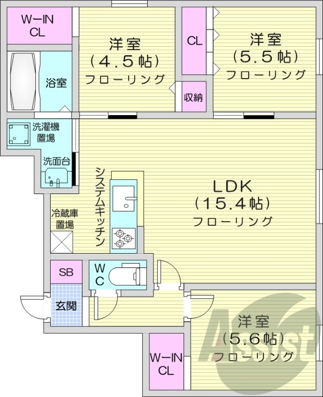 3LDK、エアコン、追い焚き、浴室乾燥機、システムキッチン