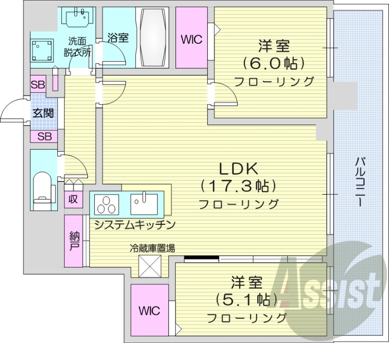 2LDK、システムキッチン、シャワートイレ、追い焚き