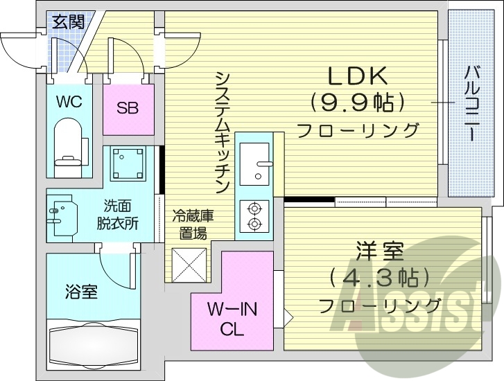 1LDK、エアコン、システムキッチン、ネット無料