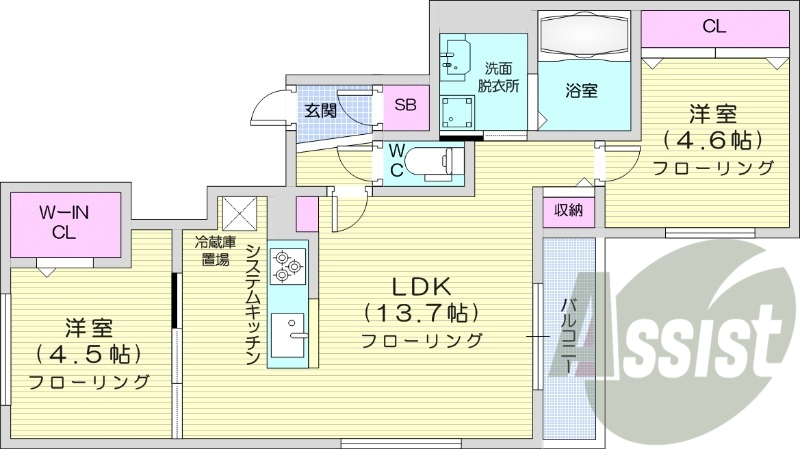 2LDK、エアコン、システムキッチン、ネット無料