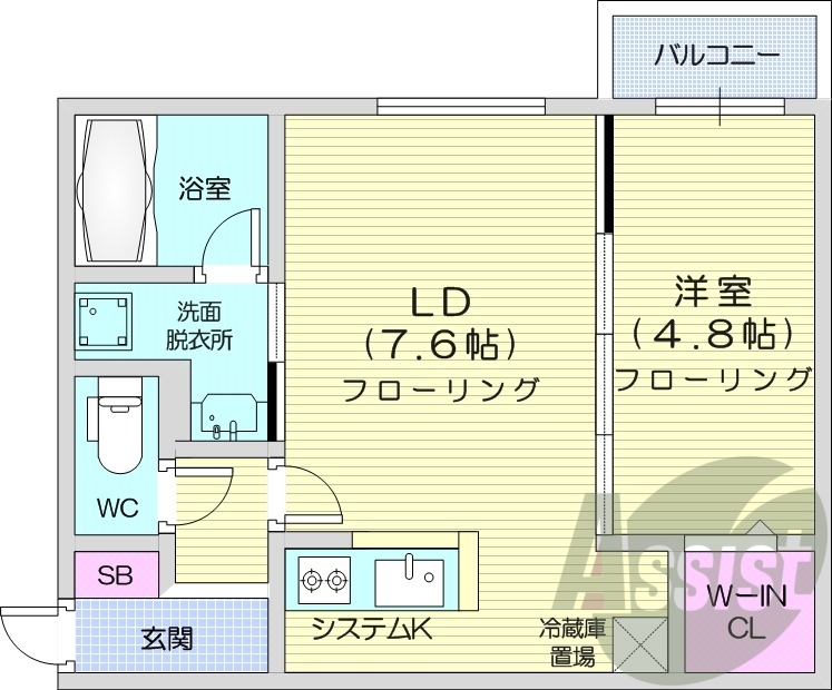 1LDK、都市ガス、エアコン、システムキッチン、