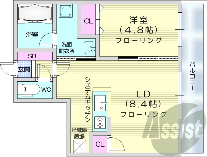 1LDK、都市ガス、エアコン、システムキッチン、